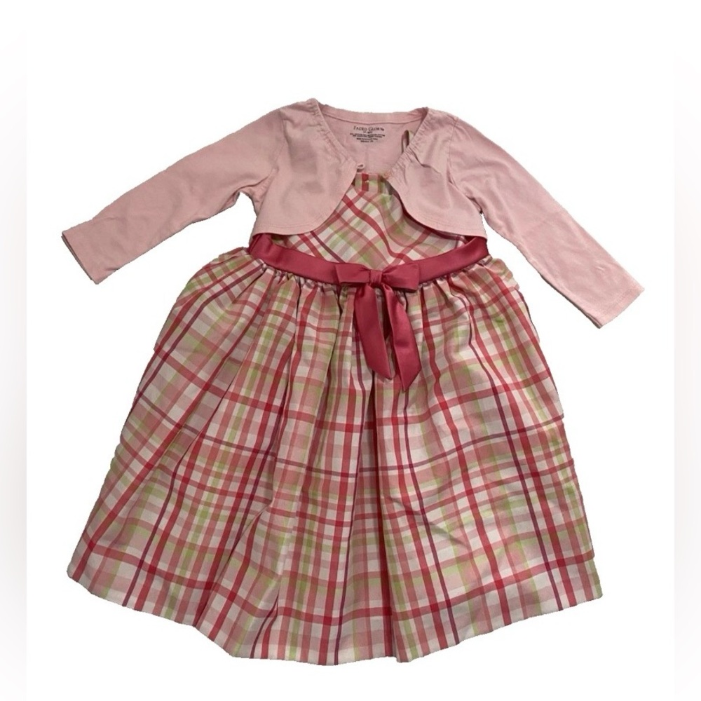 Bonnie Jean Size 3T- 4T Girls Plaid Dress & Bolero Pink Green Formal Church Set